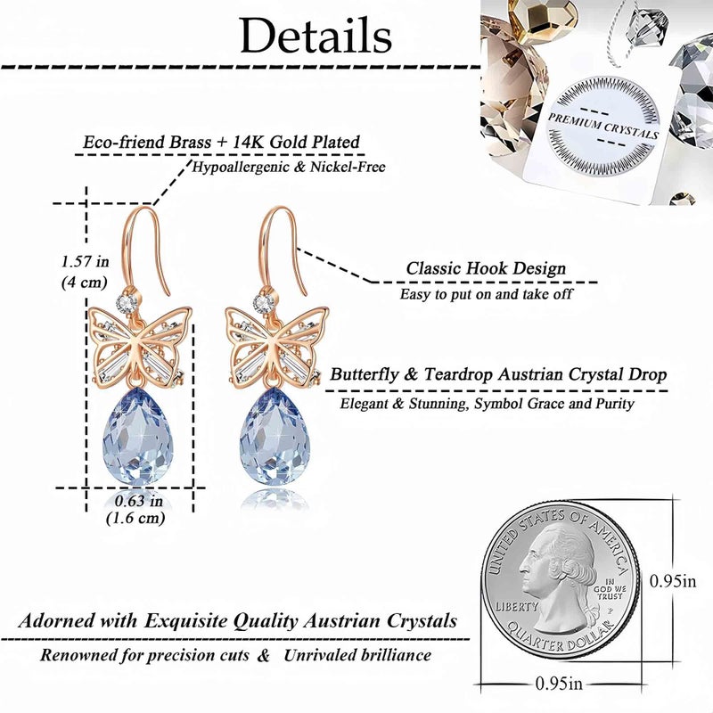 EVEVIC Austrian Crystal Teardrop Butterfly Drop Dangle Earrings for Women 14K Rose Gold Plated Hypoallergenic Jewelry (Light Blue) - Image 4