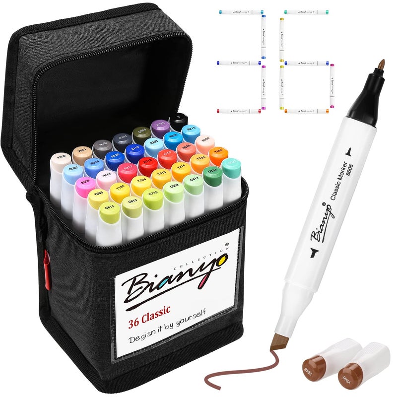 Bianyo 36 Colors Alcohol Markers Set AlcoholBased Dual Tip Art Markers Set with Black Travel Case with a Designable Card for Coloring Sketching Drawing Outlining Highlighting