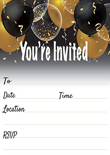 QualityVibe Black & Gold balloons Invitations Set of 25 with envelopes. Invites for Anniversaries, birthdays, sweet 16, bridal showers, baby showers, milestones birthdays and more. - Image 1