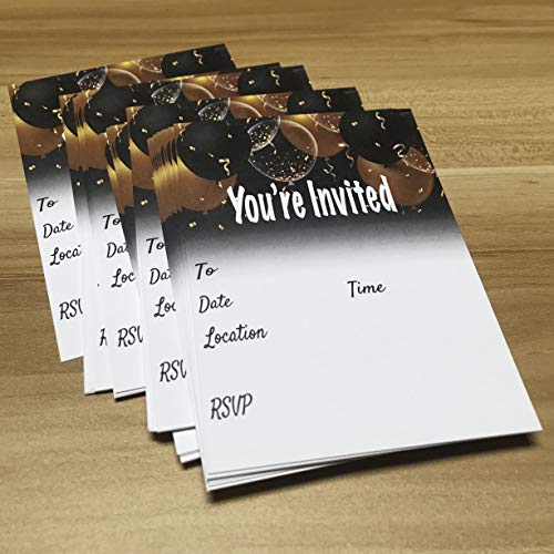 QualityVibe Black & Gold balloons Invitations Set of 25 with envelopes. Invites for Anniversaries, birthdays, sweet 16, bridal showers, baby showers, milestones birthdays and more. - Image 4