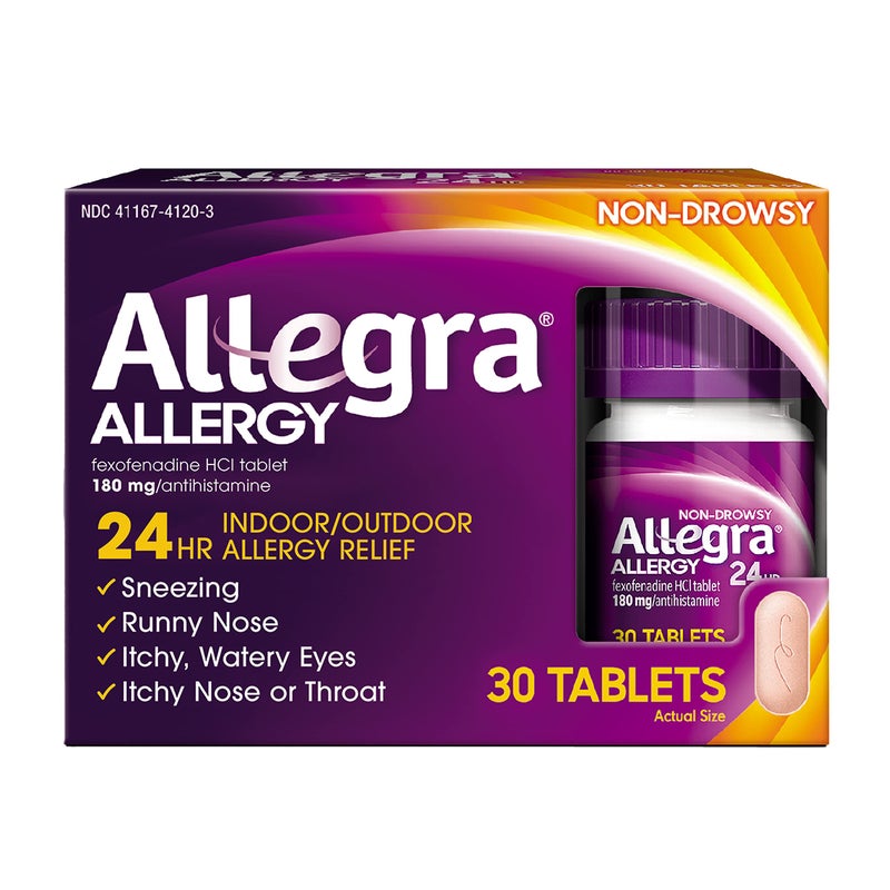 Allegra أليغرا للبالغين 24 ساعة مضاد للهستامين غير مسبب للنعاس، 30 قرص، تخفيف سريع لأعراض الحساسية، 180 ملغ - Image 1