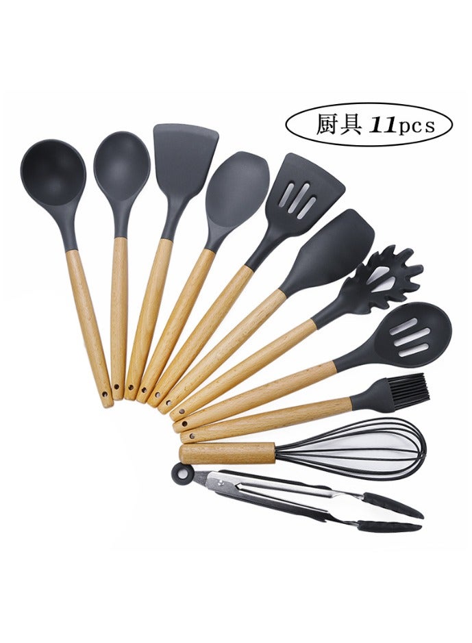 أواني الطهي المصنوعة من السيليكون المعدة للمطبخ، أواني المطبخ المصنوعة من 11 بكس مجهزة بمقبض خشبي من السيليكون، مقاوم للحرارة - Image 1