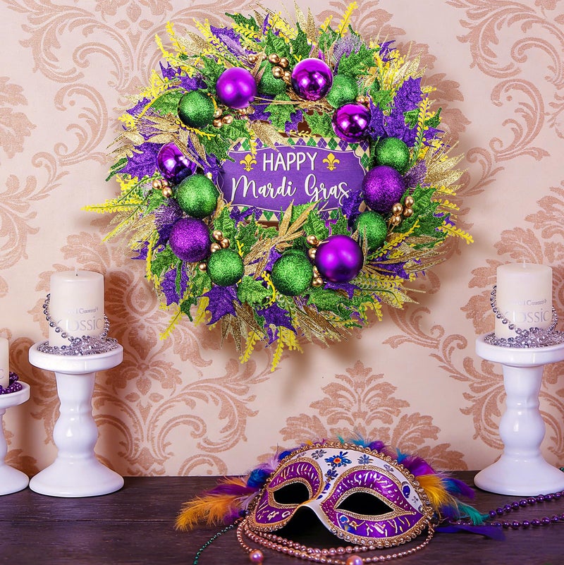 Mapaim 20" Mardi Gras Wreath for Front Door â€“ Purple Green Gold Mardi Gras Decor Carnival Glitter Wreath for Indoor Outdoor Holiday Decoration - Image 5