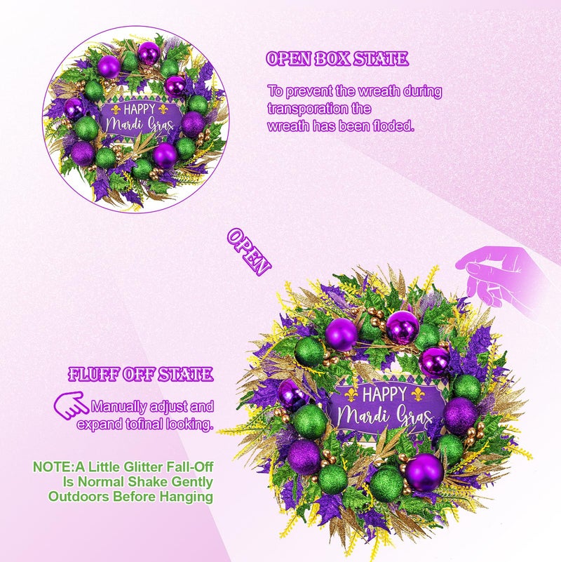 Mapaim 20" Mardi Gras Wreath for Front Door â€“ Purple Green Gold Mardi Gras Decor Carnival Glitter Wreath for Indoor Outdoor Holiday Decoration - Image 4