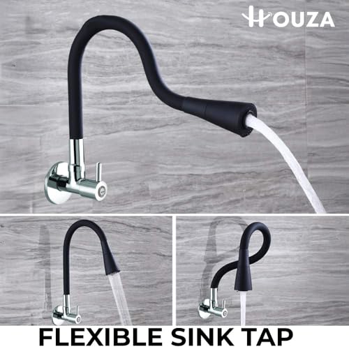 Houza Brass Sink Tap Faucet with 360 Degree Flexible Silicon Swivel Spout & Dual Flow Pattern Flow, Compatible for Hot or Cold Water for Kitchen Sink, (Chrome Finish/Black) - Image 5