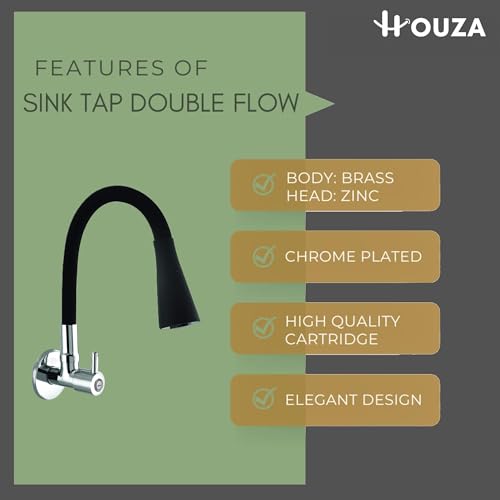 Houza Brass Sink Tap Faucet with 360 Degree Flexible Silicon Swivel Spout & Dual Flow Pattern Flow, Compatible for Hot or Cold Water for Kitchen Sink, (Chrome Finish/Black) - Image 3