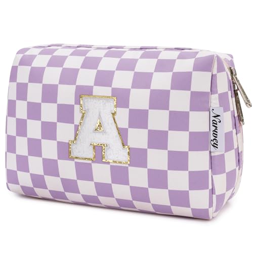 Narwey Birthday Gifts for Women Girls, Initial Makeup Bag for Bridesmaid Teacher Sister Friend Graduation Gifts, Personalized Monogram Cosmetic Toiletry Bag, Teen Girls Trendy Stuff (Purple A) - Image 1