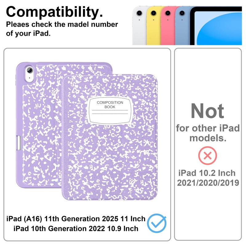 Supveco Case for iPad (A16) 11th Generation 11 inch (2025),iPad 10th Generation 10.9 inch (2022) with Pencil Holder-[Auto Wake/Sleep],Premium Folio Stand Case with Soft TPU Back Cover-Lilac Book - Image 2