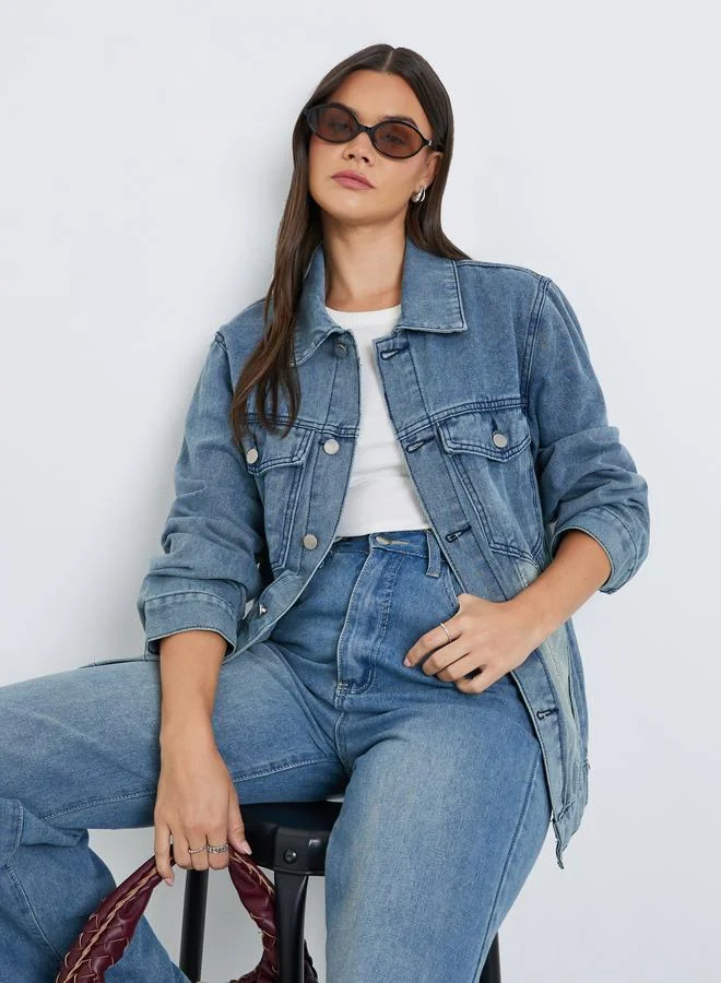 Styli Women Blue Faded Oversized Denim Jacket