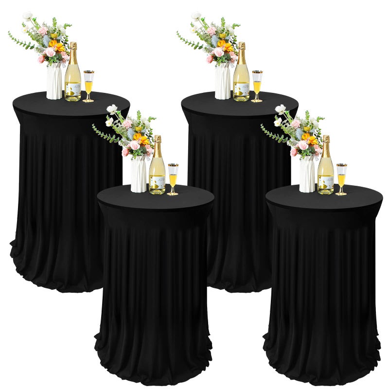 Tegeme Tegeme 4 Packs Round Spandex Cocktail Tablecloths with Skirt 32 x 43 Inch Cocktail Round Table Cover Spandex Stretch Square Tablecloth Skirt for Table Bar Wedding Party Banquet Black