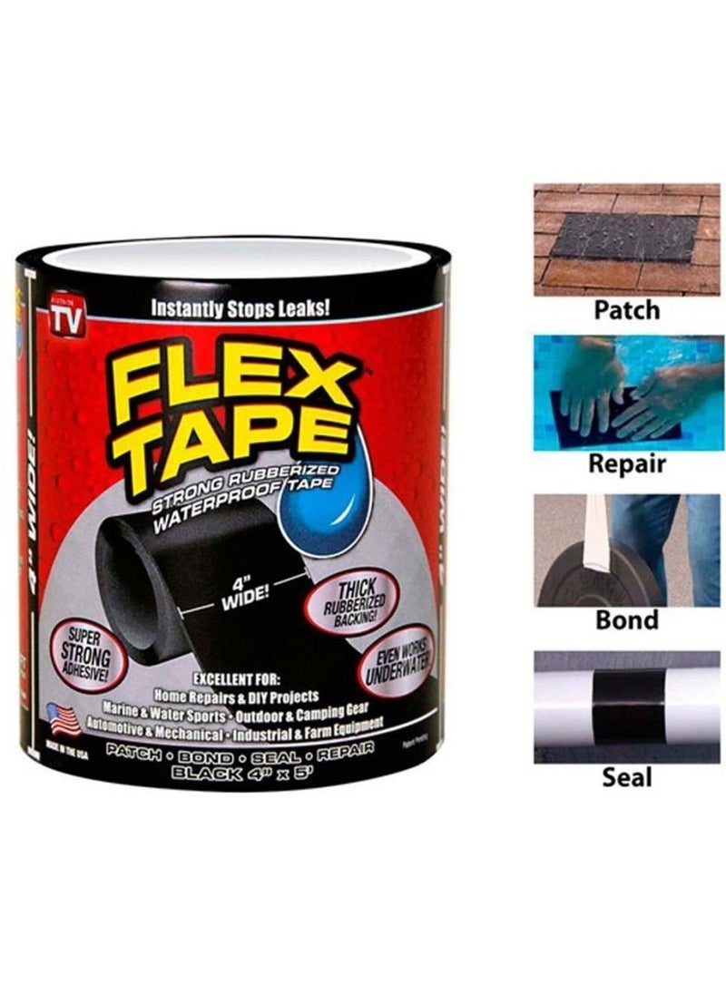 FLEX TAPE - Flex Tape Black Flexible Sealing Adhesive Tape 4"x5' Rubber Waterproof Strong Black - Image 1