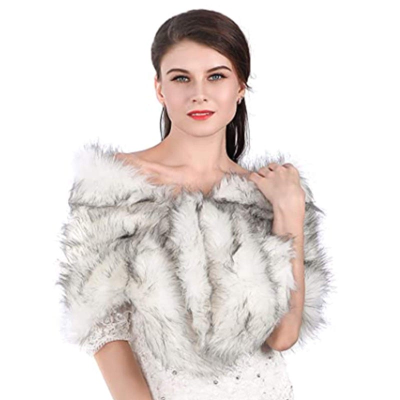 Aukmla Womens Wedding Fur Wraps and Shawls Bridal Fur Stoles Scarf with Rhinestones Brooch for Bride and Bridesmaids WhiteBlack US 414 SM