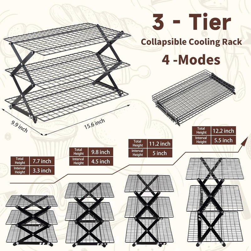Pleafind 3 Tier Collapsible Cooling Rack - 3 Setting Design, Adjustable ＆ Stackable Baking Rack, 5 Modes Cooling Racks for Cooking and Baking, Roasting ＆ Grilling Gifts for Picnic Party - Image 3