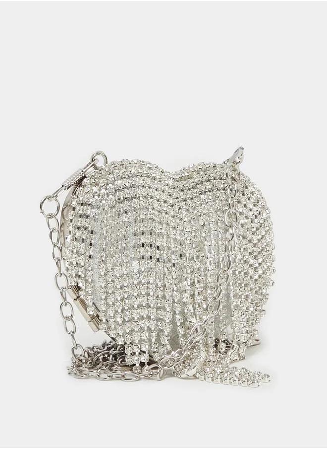 Styli Embellished Heart Clutch with Chain Strap