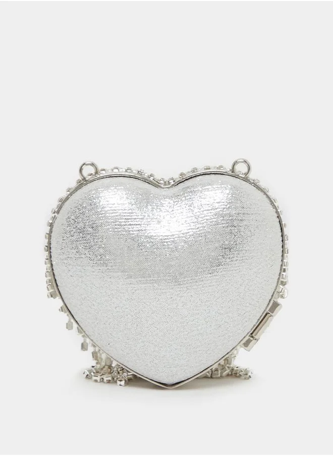 Styli Embellished Heart Clutch with Chain Strap