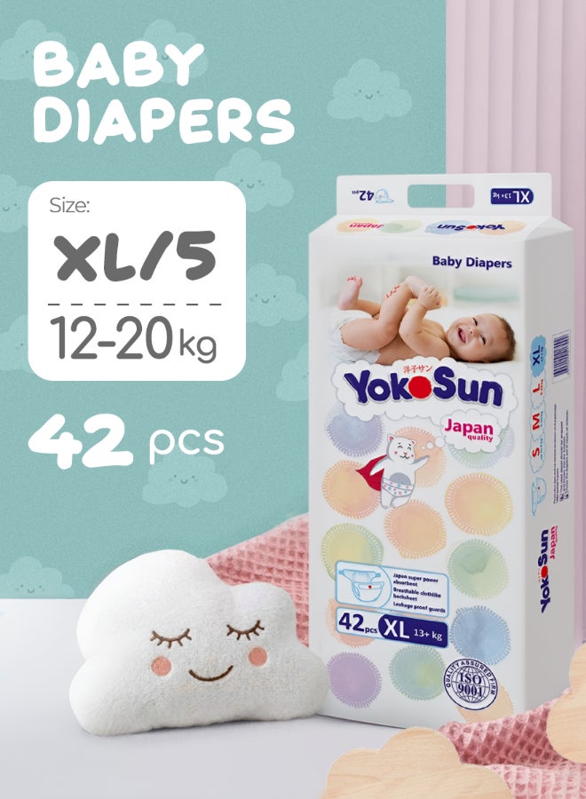 YokoSun Baby Diapers, Size 5 / XL (13+ kg), 42 pcs â€“ Ultra-Soft, Hypoallergenic Nappies, Japanese Technology for Baby Skin Care, Leakproof with 12-Hour Dryness Protection - Image 1