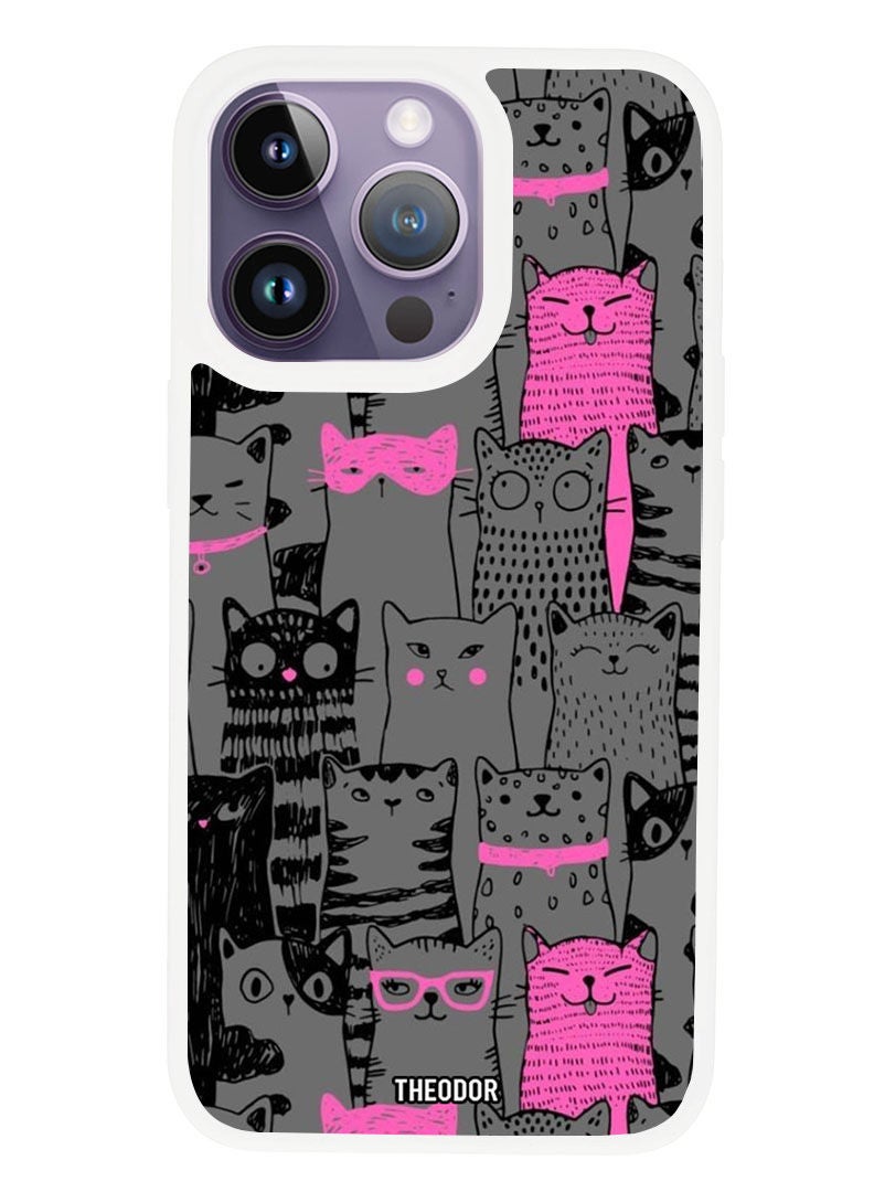 Theodor Protective Case Anti Scratch Shock Proof Cover For APPLE IPHONE 14 PRO MAX Pink Cats (White Bumper) - Image 1
