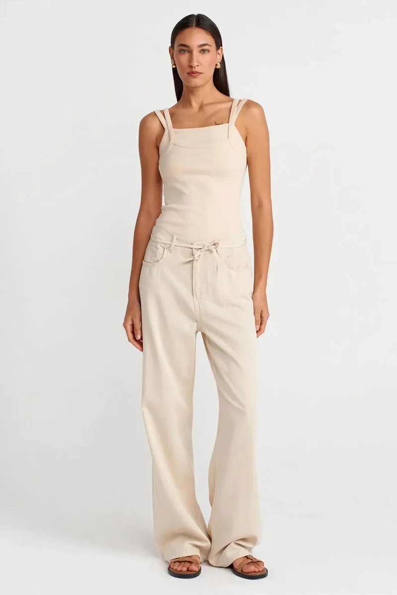 Dilvin Beige Natural DILVIN Ribbed Sleeveless Square-neck Blouse for Women | Best Price UAE