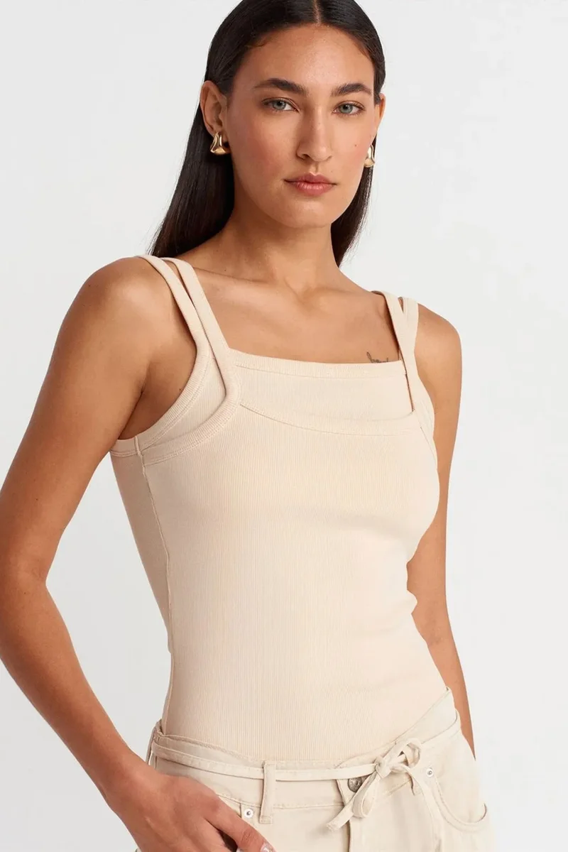 Dilvin Beige Natural DILVIN Ribbed Sleeveless Square-neck Blouse for Women | Best Price UAE