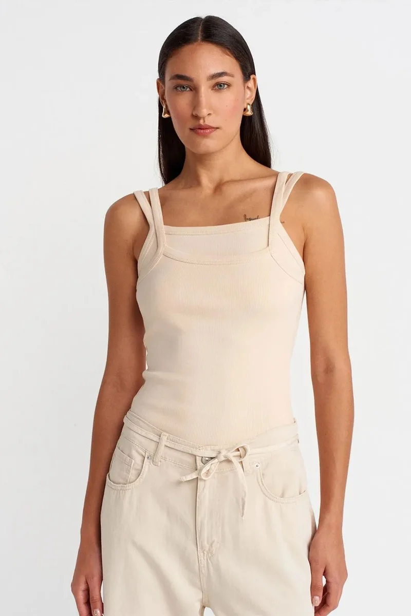 DILVIN Ribbed Sleeveless Square-neck Blouse