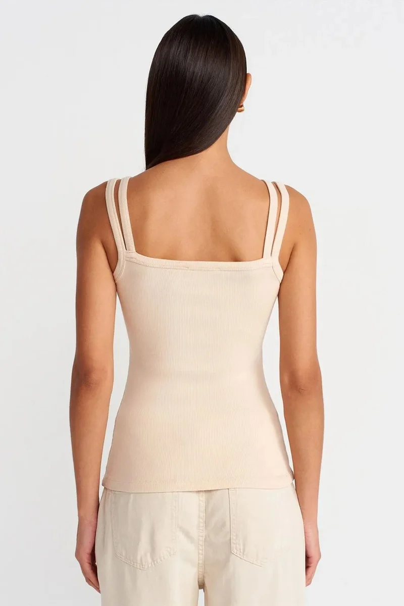 Dilvin Beige Natural DILVIN Ribbed Sleeveless Square-neck Blouse for Women | Best Price UAE