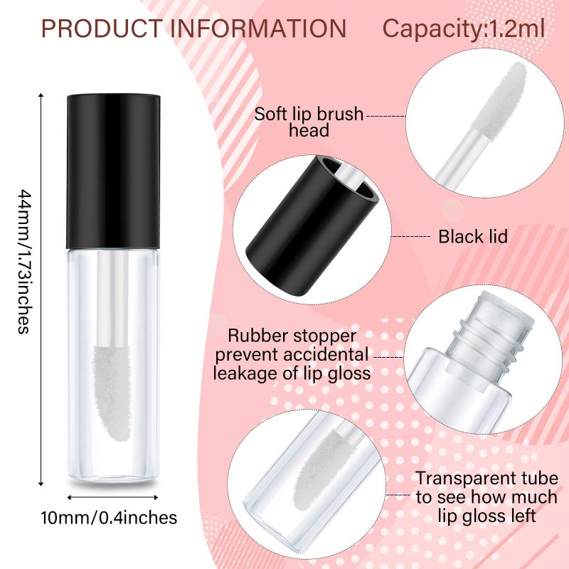 Patelai 100 Pieces 1.2 ml Clear Mini Lip Gloss Tube Refillable Empty Lip Balm Gloss Containers Bottles Transparent Mini Lipstick Containers for Women DIY Makeup(Black)  - Image 2
