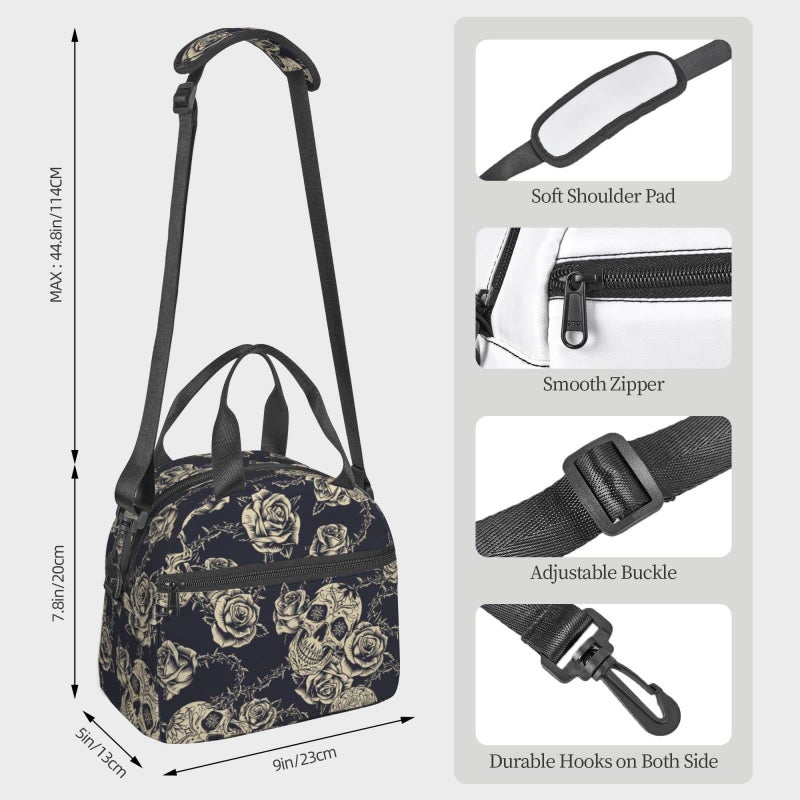 bassyil Skull Insulated Lunch Bag Reusable Lunch Box With Adjustable Shoulder Strap Cooler Tote Bag For Men Women - Image 4