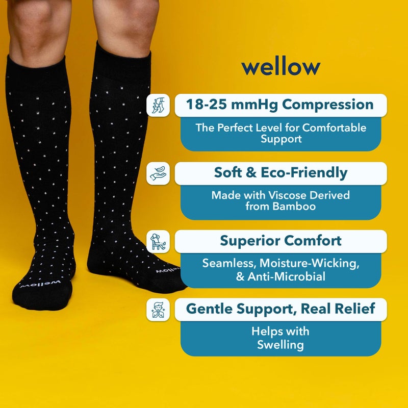 Wellow Knee High Compression Socks for Men & Women | 18-25 mmHg Made with Viscose from Bamboo | Nurses & Pregnancy Support | Relieves Swelling | Regular, MD, Black - Dots - Image 3