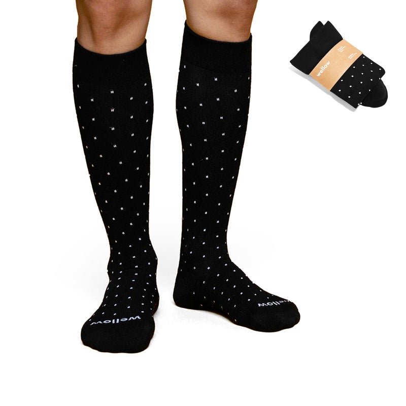 Wellow Knee High Compression Socks for Men & Women | 18-25 mmHg Made with Viscose from Bamboo | Nurses & Pregnancy Support | Relieves Swelling | Regular, MD, Black - Dots - Image 1
