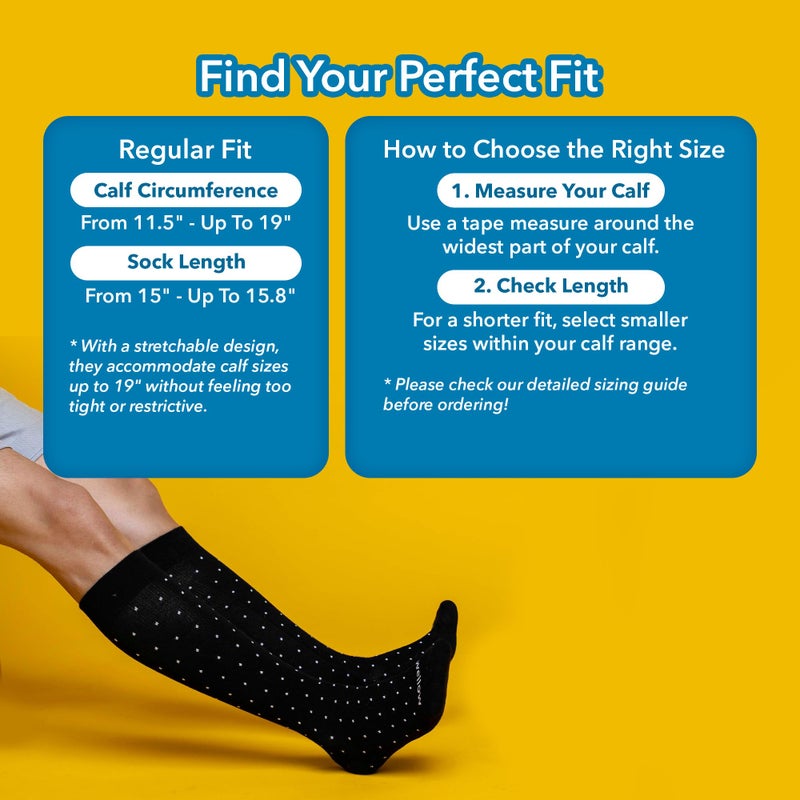 Wellow Knee High Compression Socks for Men & Women | 18-25 mmHg Made with Viscose from Bamboo | Nurses & Pregnancy Support | Relieves Swelling | Regular, MD, Black - Dots - Image 2