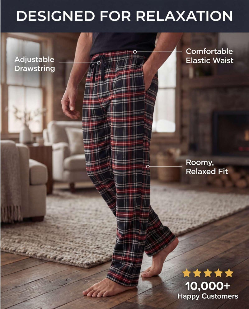REALESSENTIALS Real Essentials 3 Pack: Men's Soft Cotton Flannel Pajama Pants PJ Lounge Bottoms Elastic Waist Pockets, Standard, Medium, Flannel Set 2 - Image 3