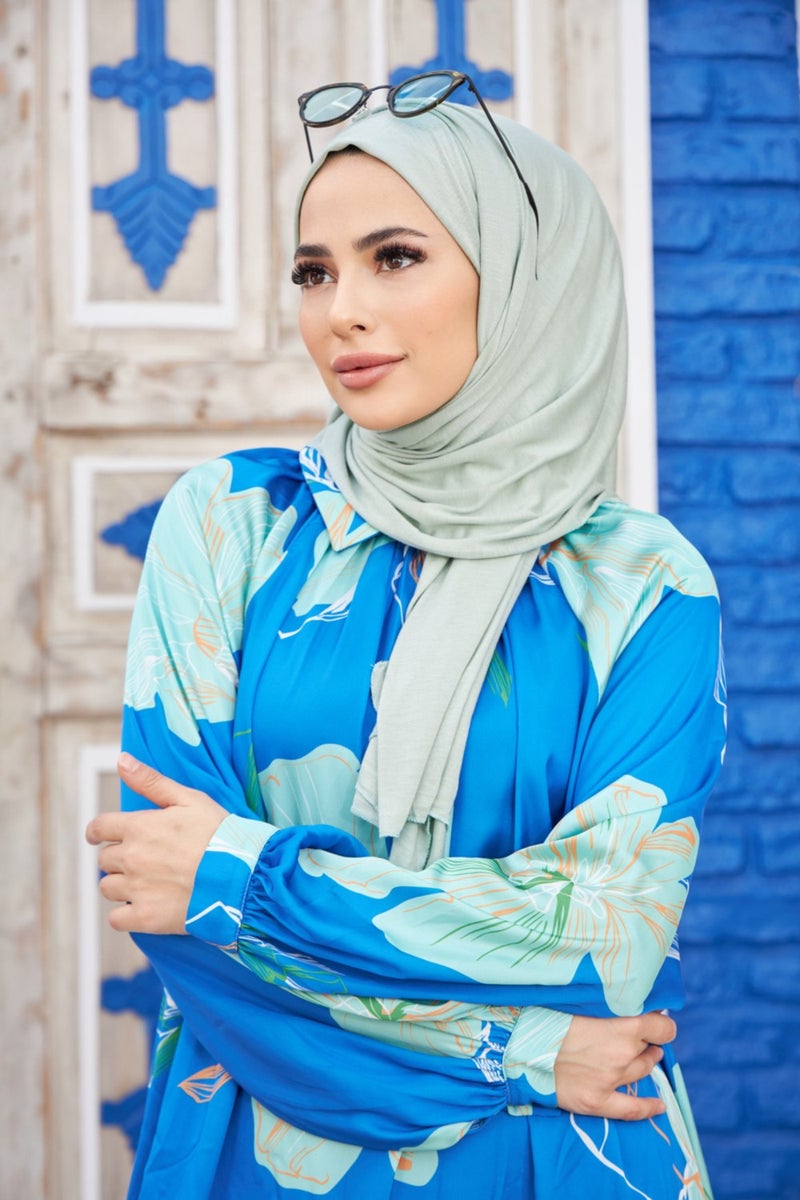 Naciye Sultan Hijab Combed Cotton Shawl Water Green  - Image 1