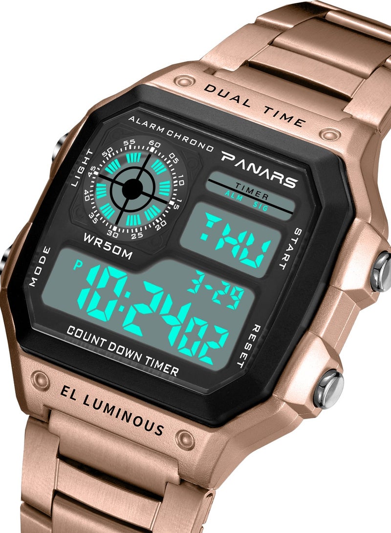 PANARS Watches for Men Stainless Steel Strap Sport Watches Men Waterproof LED Digital Wristwatch Male Alarm Trendy and Fashion Electronic Watch - Image 3