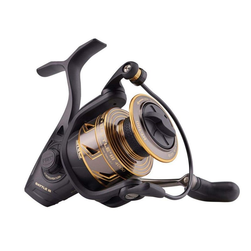 PENN Battle III Spinning Inshore Fishing Reel, HT-100 Front Drag, max of 15lb | 6.8kg, Made with Sturdy All-Aluminum Composition for Durability, 4000, black gold - Image 1