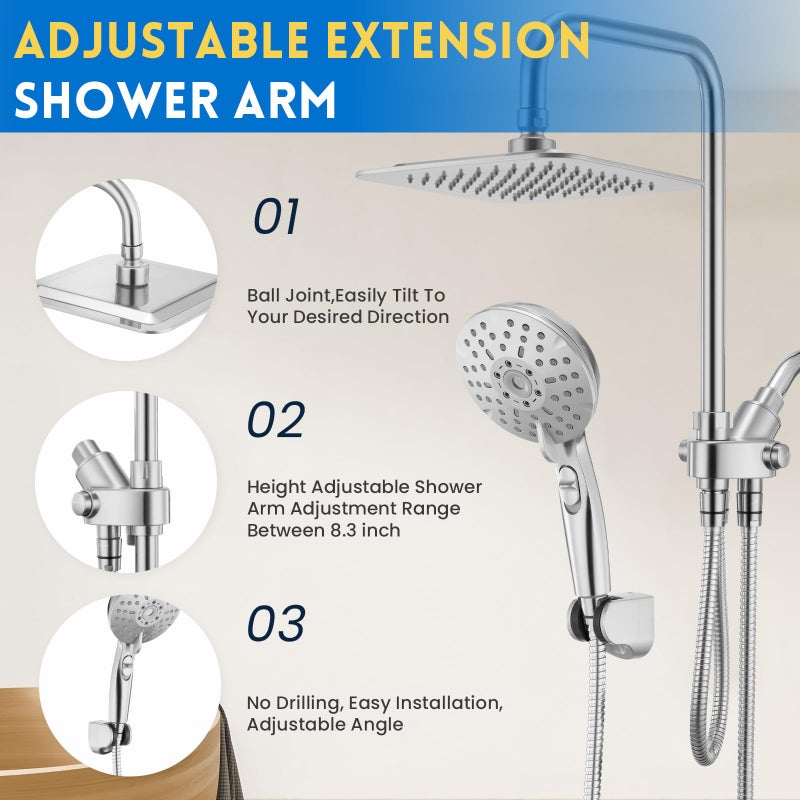 Ryamen Dual Shower Head Combo, 8'' High Pressure Rain Shower Head with Handheld Spray, 6 Settings Handheld Showerhead, 15" Height Adjustable Slide Bar, Angle Adjustable, Chrome Polished - Image 5