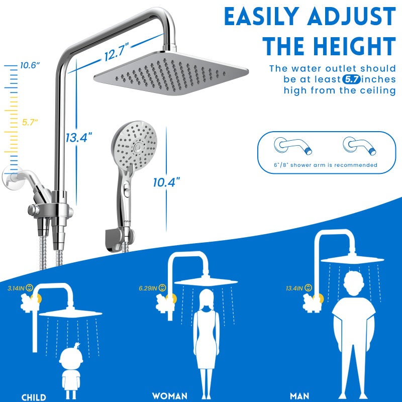Ryamen Dual Shower Head Combo, 8'' High Pressure Rain Shower Head with Handheld Spray, 6 Settings Handheld Showerhead, 15" Height Adjustable Slide Bar, Angle Adjustable, Chrome Polished - Image 2