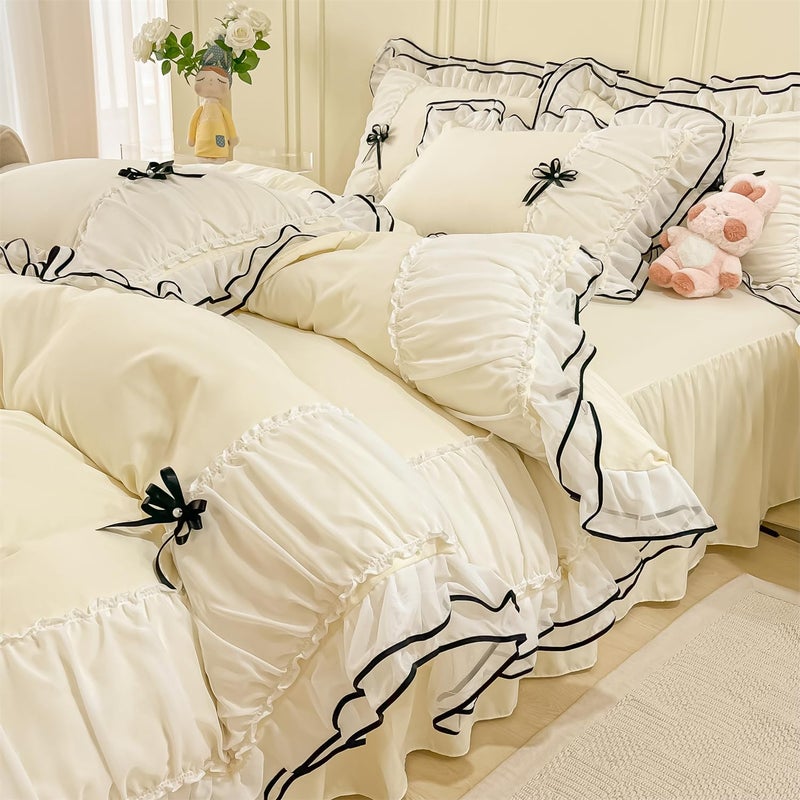 IHOUSTRIY Kid Duvet Cover Full Size Ruffle Beddding Set with Bowtie 3 Pieces Comforter Cover Set with Zipper Closure Girl Bedding with Pillowcase Cream Yellow Full Comforter Not Included