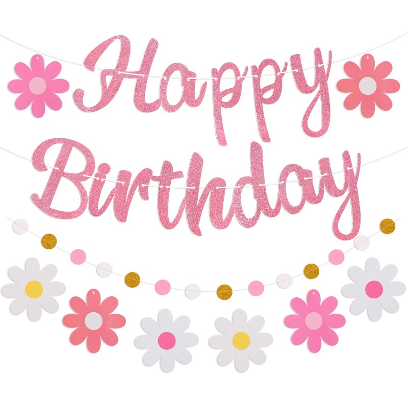 Danadia Pre-Strung Happy Birthday Banner, NO DIY Birthday Decorations with Circle Dot Garland and Flowers, Happy Birthday Party Decorations for Women Girls (Pink) - Image 1