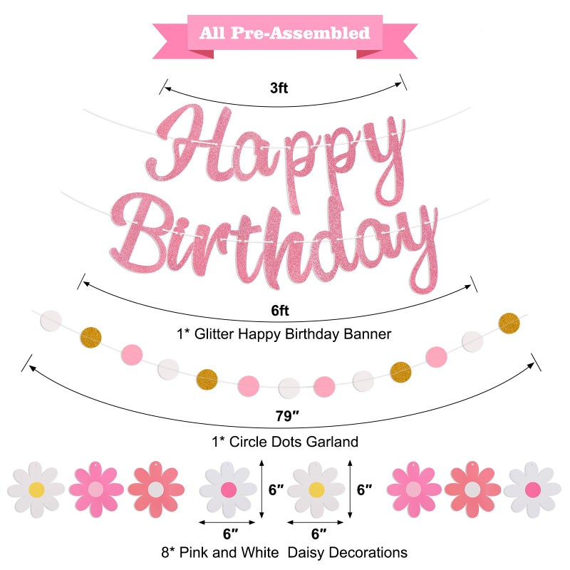 Danadia Pre-Strung Happy Birthday Banner, NO DIY Birthday Decorations with Circle Dot Garland and Flowers, Happy Birthday Party Decorations for Women Girls (Pink) - Image 2