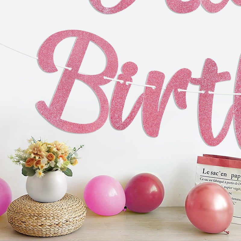 Danadia Pre-Strung Happy Birthday Banner, NO DIY Birthday Decorations with Circle Dot Garland and Flowers, Happy Birthday Party Decorations for Women Girls (Pink) - Image 5