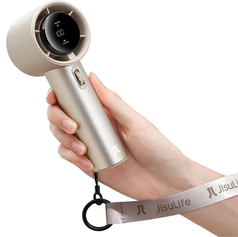 JISULIFE Portable Handheld Metal Fan, Speed(1-100) Adjustable Turbo Mini Fan, 5000mAh Battery Rechargeable Personal Fan, Digital Display For Men And Women Travel Fan, Camping Fan, And Outdoor Fan Light Brown - Image 1