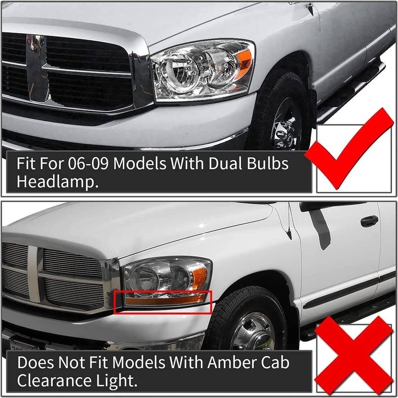 ADCARLIGHTS Headlight Assembly Pair for 2006-2008 Dodge Ram 1500 2006-2009 Dodge Ram 2500 3500 Clear Lens Chrome Housing Amber Reflector Left Right W/O Bulbs - Image 2