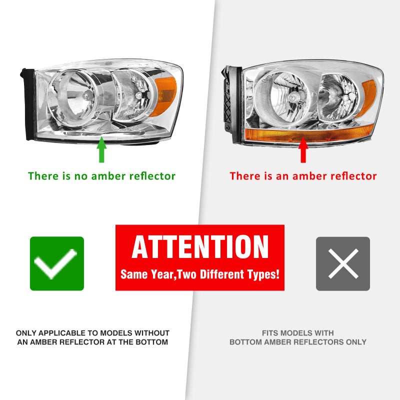 ADCARLIGHTS Headlight Assembly Pair for 2006-2008 Dodge Ram 1500 2006-2009 Dodge Ram 2500 3500 Clear Lens Chrome Housing Amber Reflector Left Right W/O Bulbs - Image 3