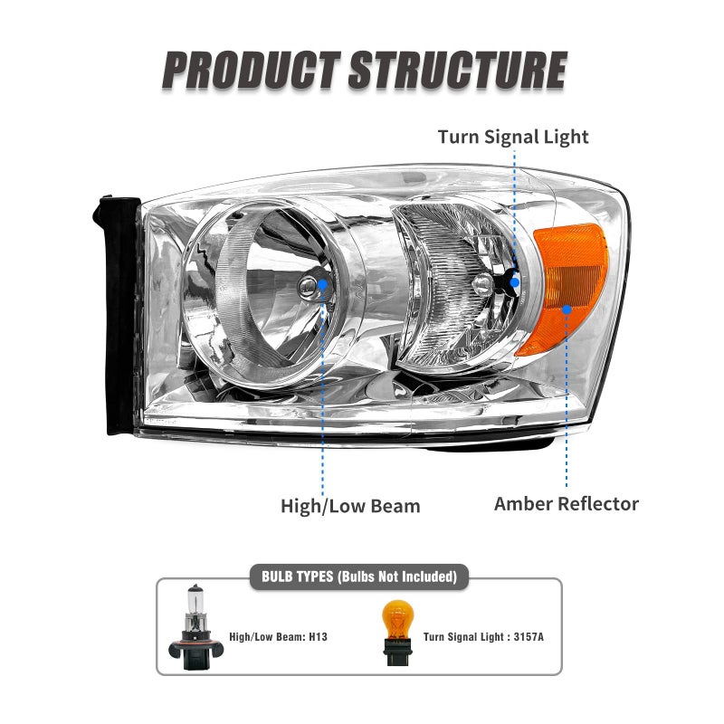 ADCARLIGHTS Headlight Assembly Pair for 2006-2008 Dodge Ram 1500 2006-2009 Dodge Ram 2500 3500 Clear Lens Chrome Housing Amber Reflector Left Right W/O Bulbs - Image 5