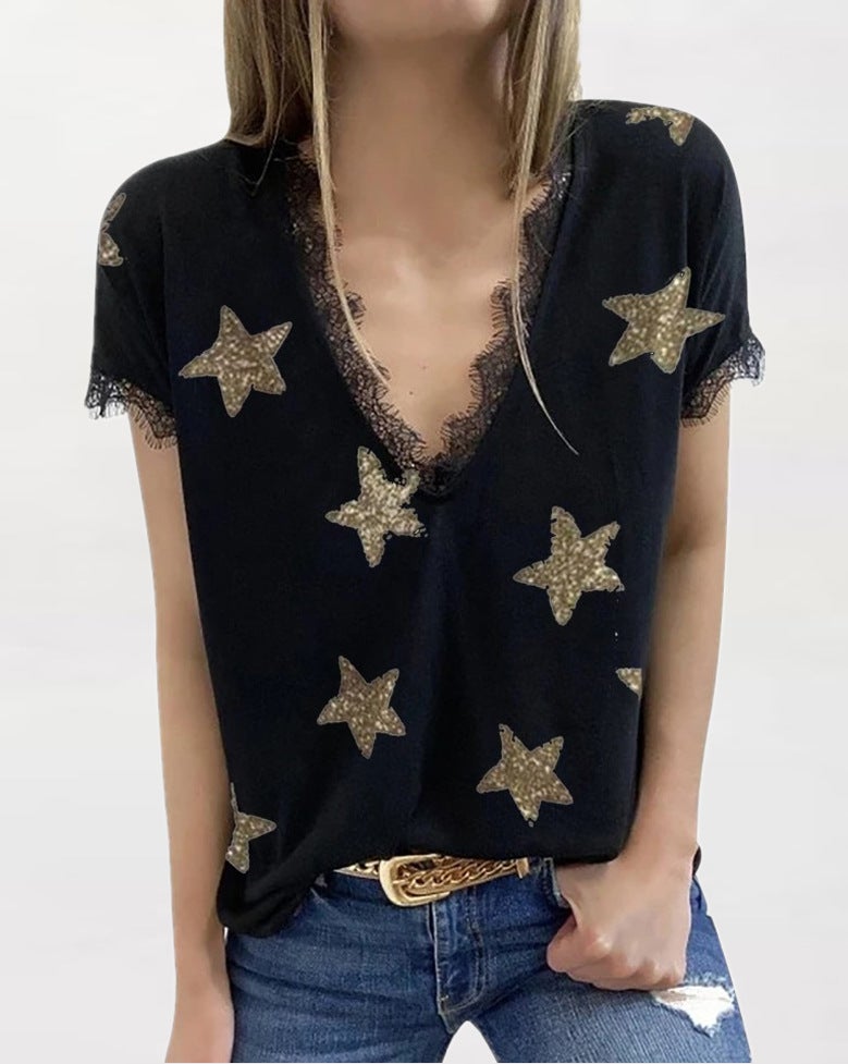 2021 independent station wish European and American cross-border women's summer V-neck printed lace T-shirt top light grey 2XL - Image 2