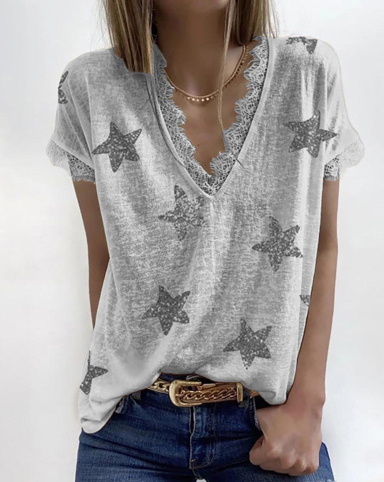 2021 independent station wish European and American cross-border women's summer V-neck printed lace T-shirt top light grey 2XL - Image 5