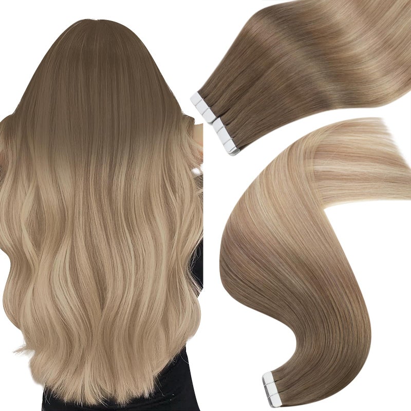 Easyouth Tape in Human Hair Extensions Balayage Thick Human Hair Tape in Extensions Light Brown Balayage Ash Blonde with Brown Tapes in Real Hair Extension Ease of Use 18 Inch 40G 20Pcs