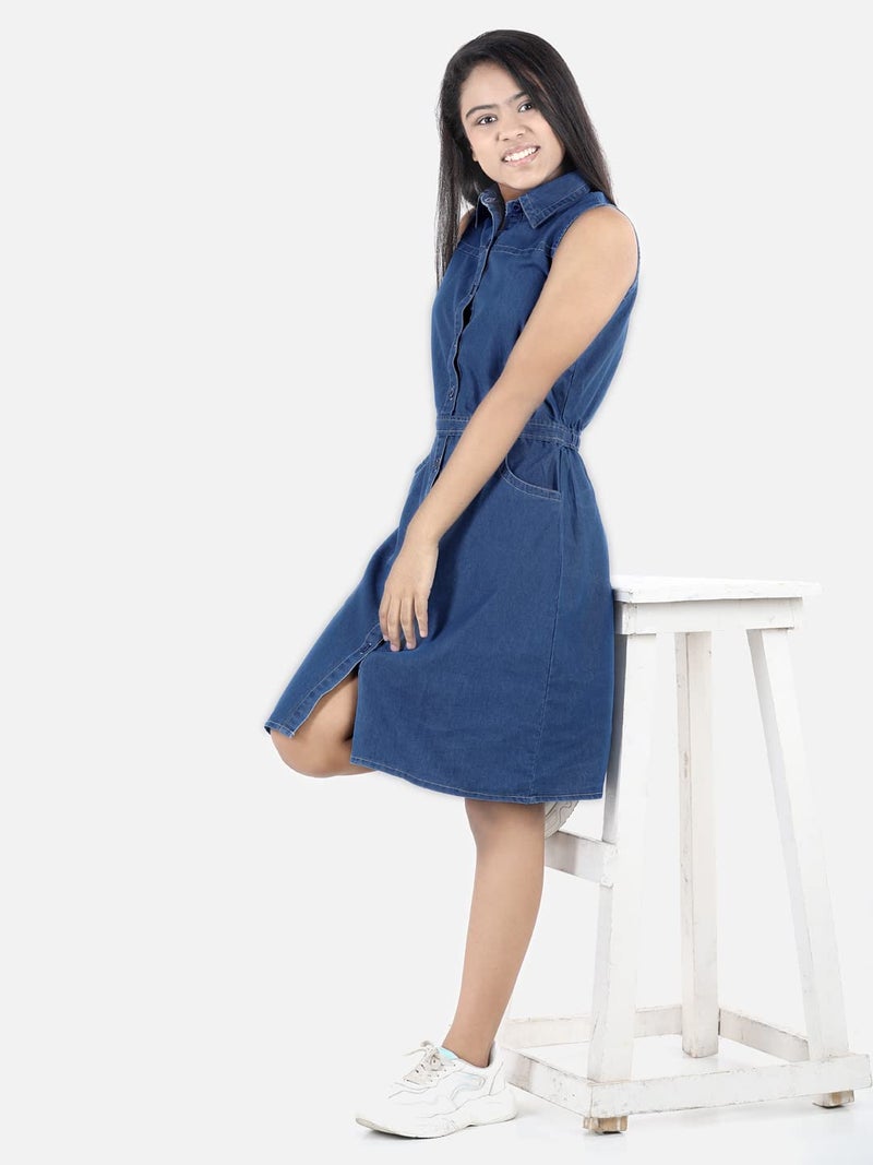 StyleStone Girls Denim Sleeveless Fit & Flare Knee Length Dress (9404Dnmfrntbtnloop12-13), Blue, 12-13 Year - Image 3