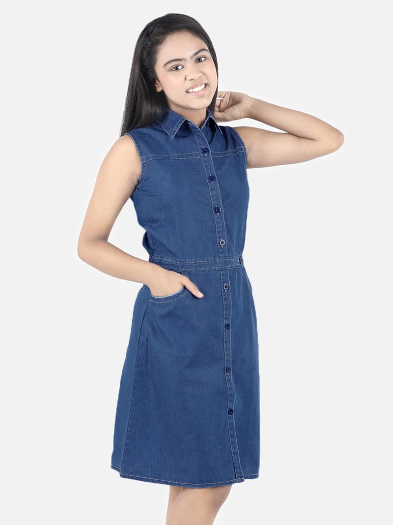 StyleStone Girls Denim Sleeveless Fit & Flare Knee Length Dress (9404Dnmfrntbtnloop12-13), Blue, 12-13 Year - Image 4