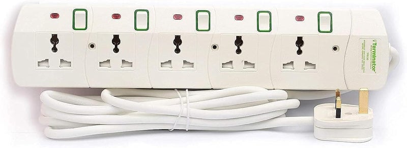 Universal Power Extension Socket, White color body & cable with individual switch 13A UK 3-pin fused plug (TPB 5G)